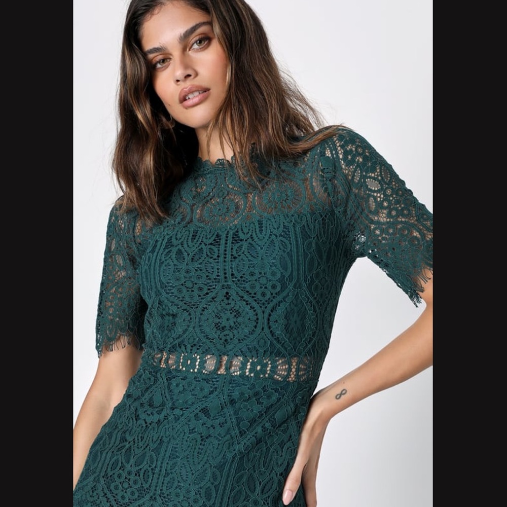 Remarkable Forest Green Sheer Lace Short Sleeve Mini Dress - Picture 4 of 10
